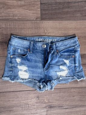 American Eagle Outfitters Distressed Low Rise Blue Denim Jean Shorts